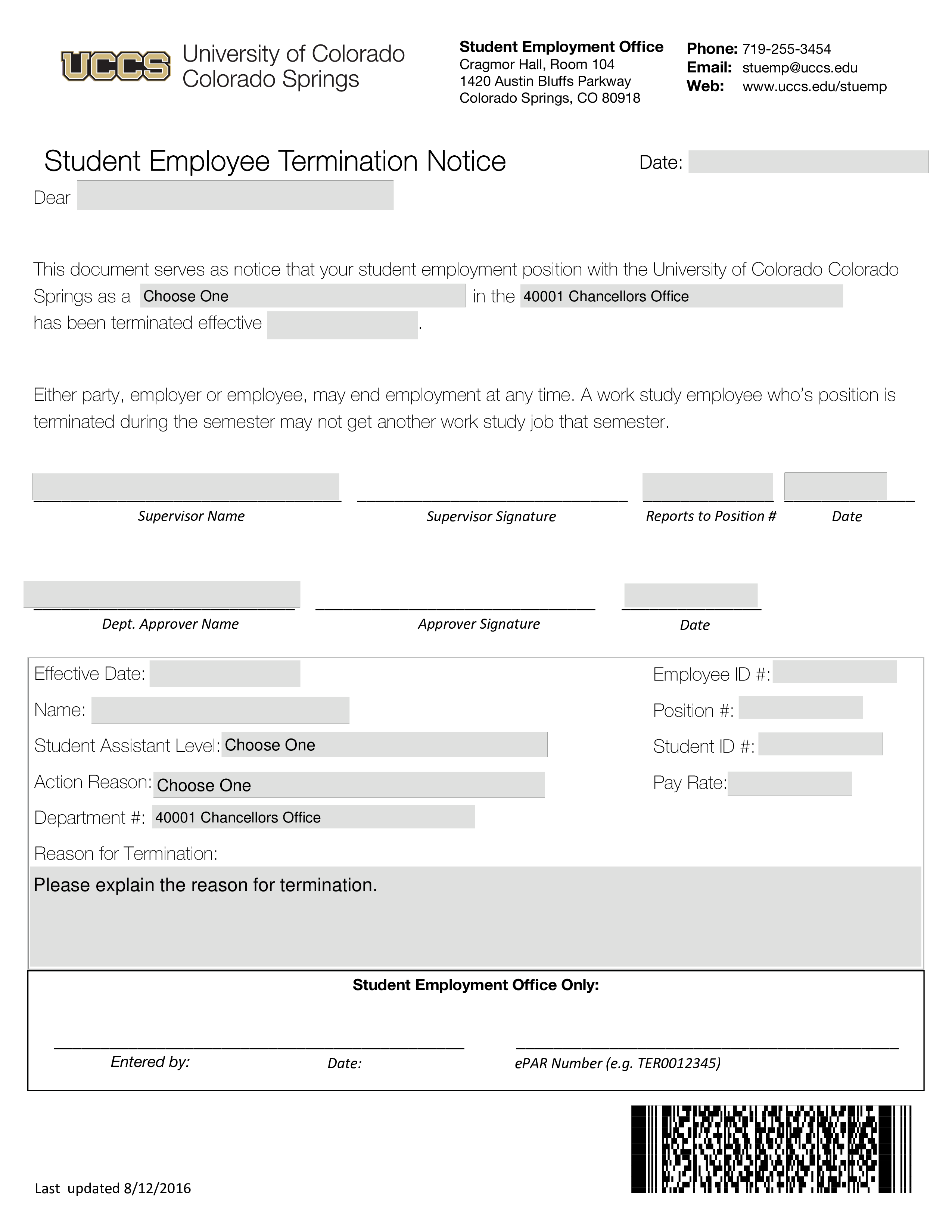 student employee termination with notifice modèles