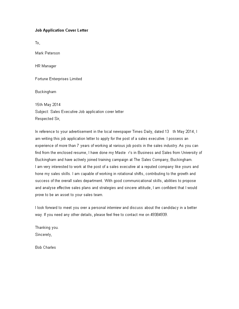 sales executive job application cover letter template