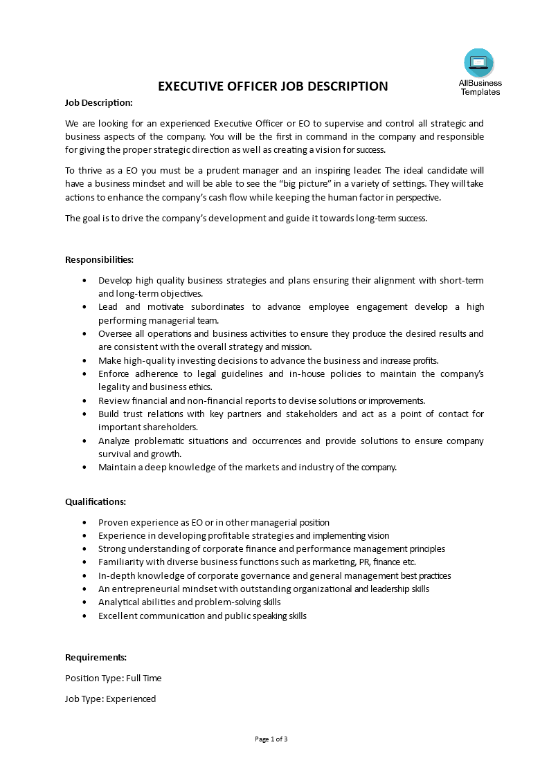 executive officer job description voorbeeld afbeelding 