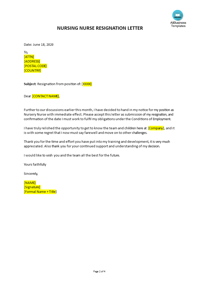 nursery nurse resignation letter template