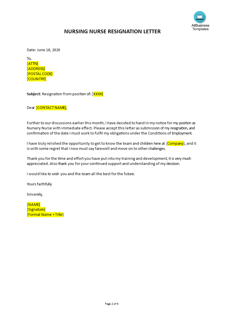 Nursery Nurse Resignation Letter main image