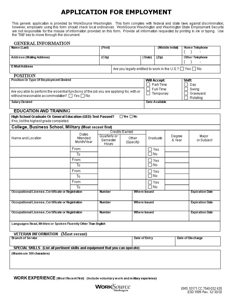 general employment application template template