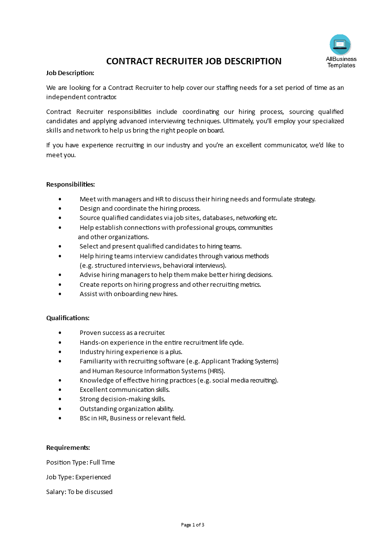 contract recruiter job description modèles