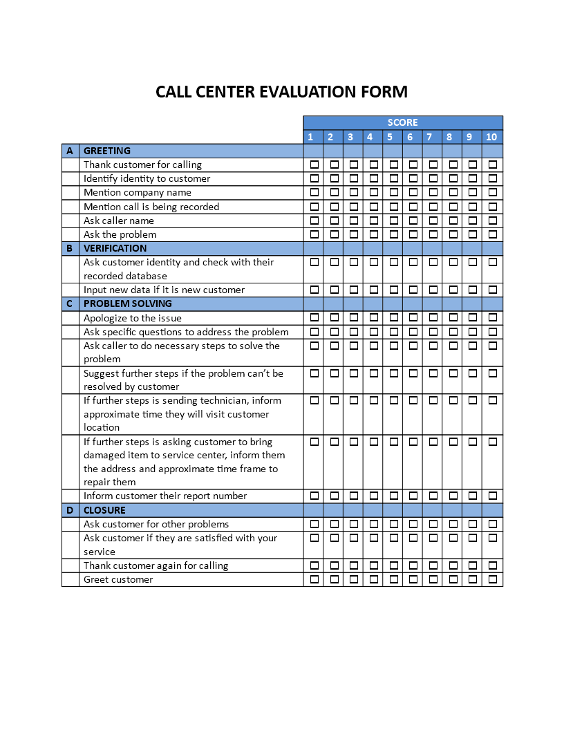 call center evaluation form template