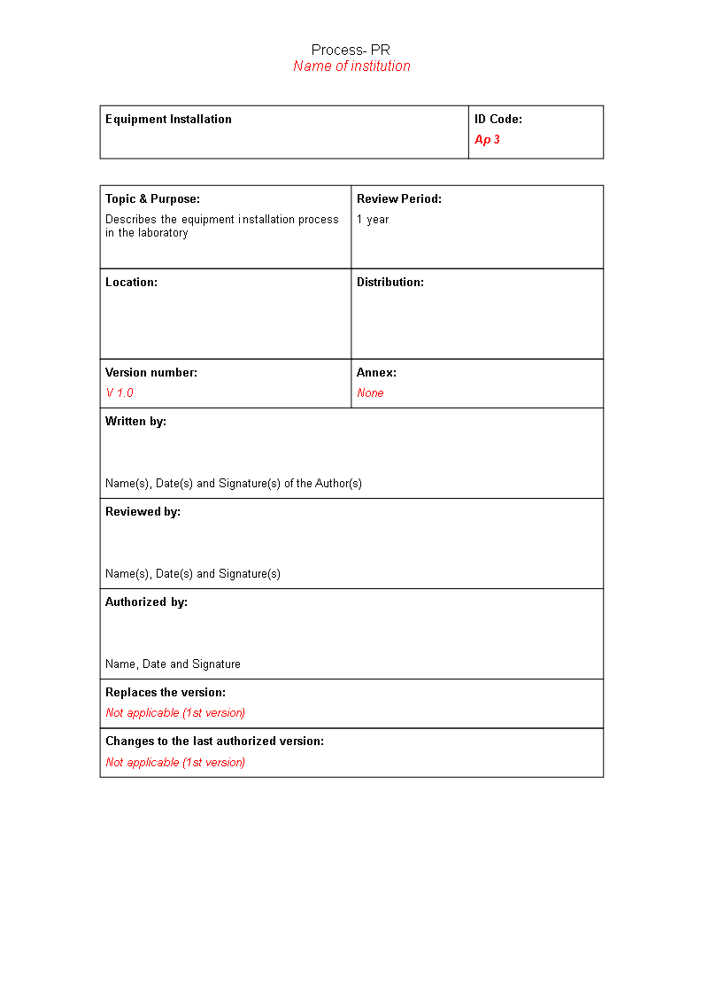 equipment installation process template