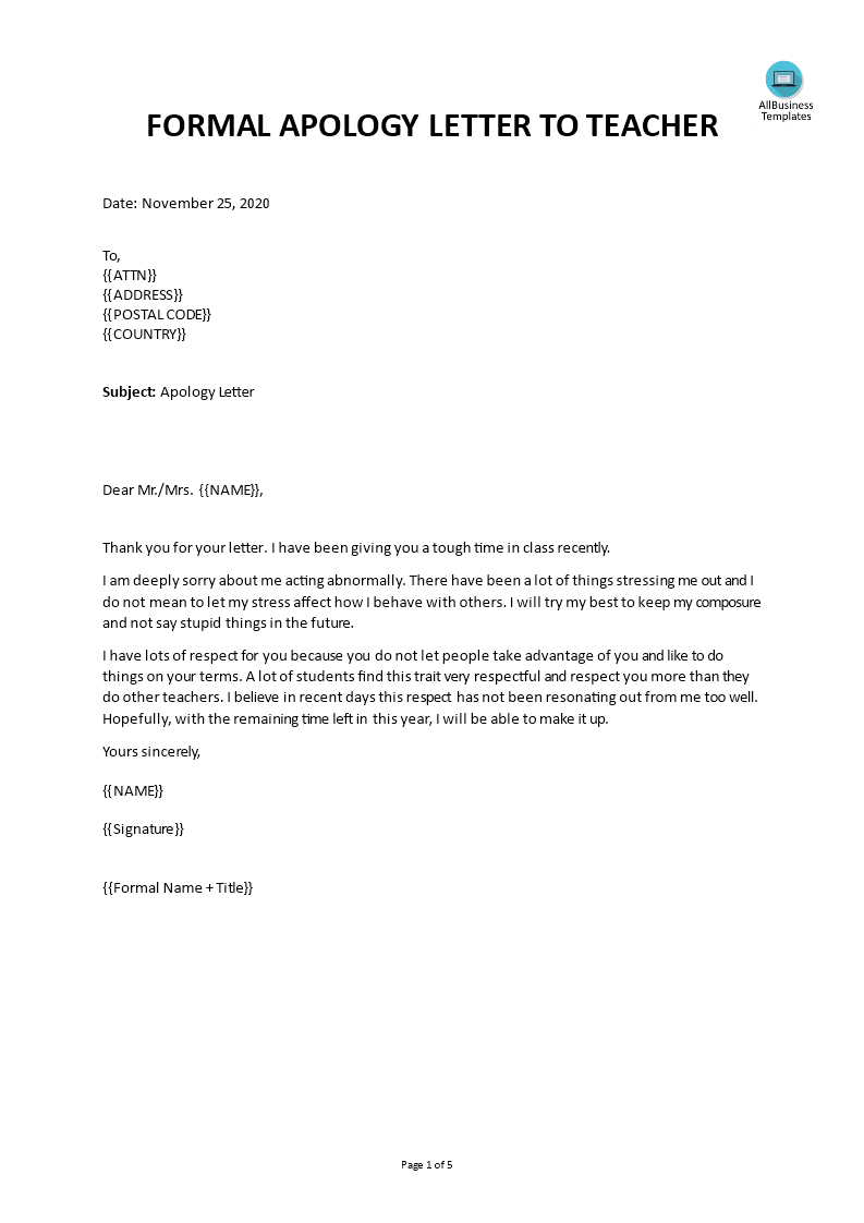 apology letter to teacher voorbeeld afbeelding 