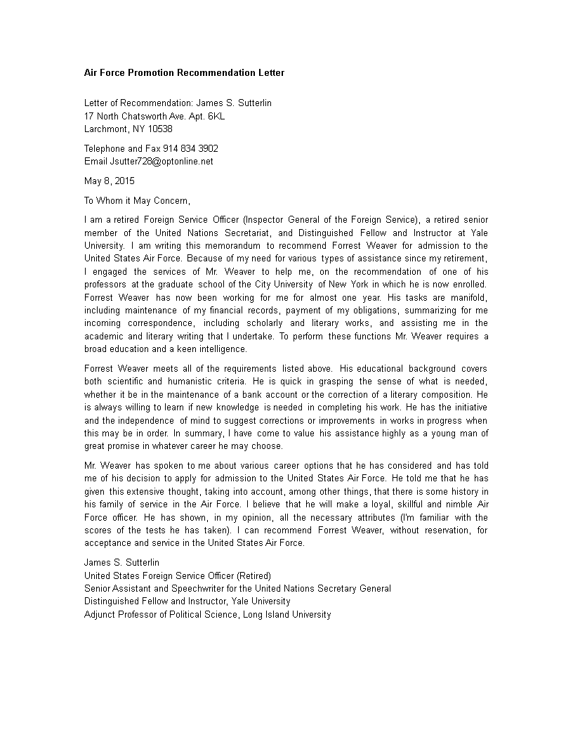 air force promotion recommendation letter modèles