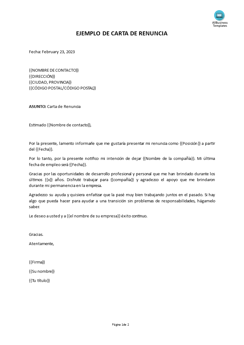 ejemplo de carta de renuncia Hauptschablonenbild