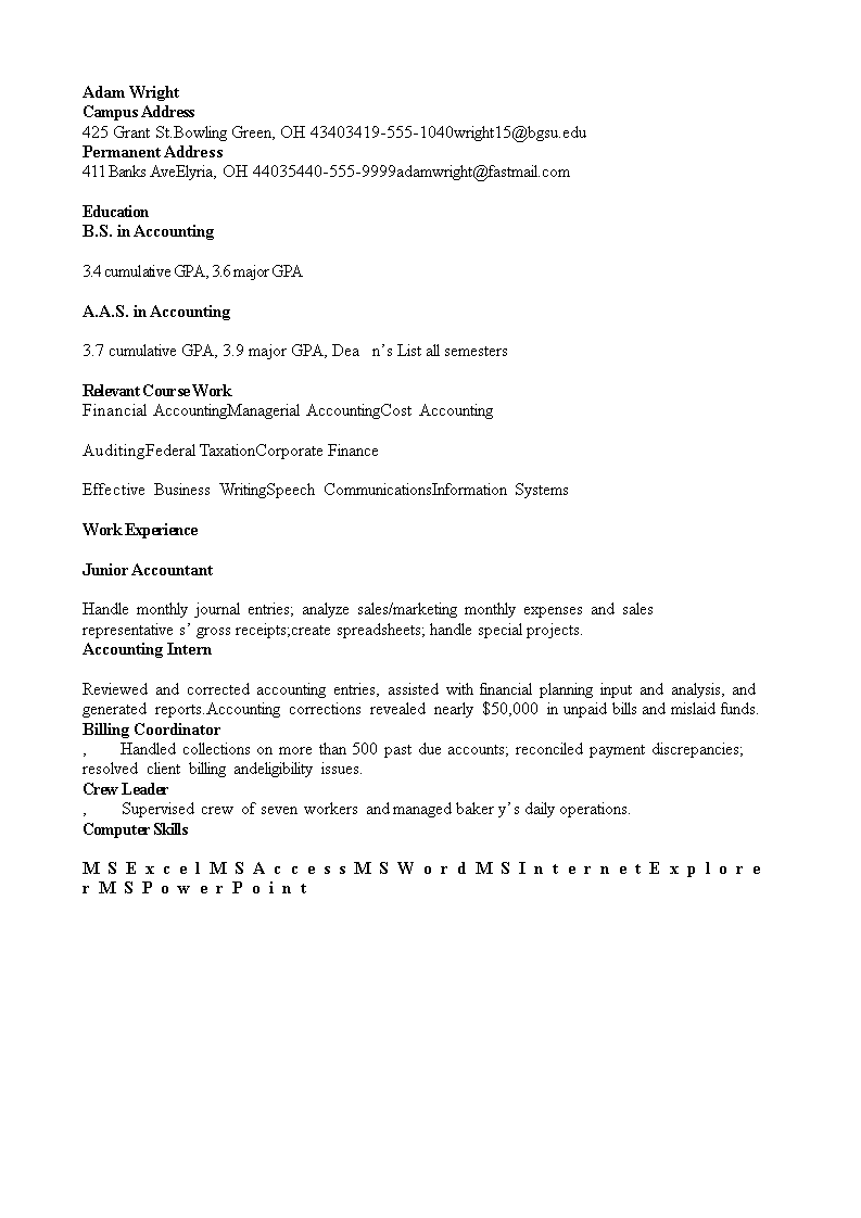 graduate accounting resume template