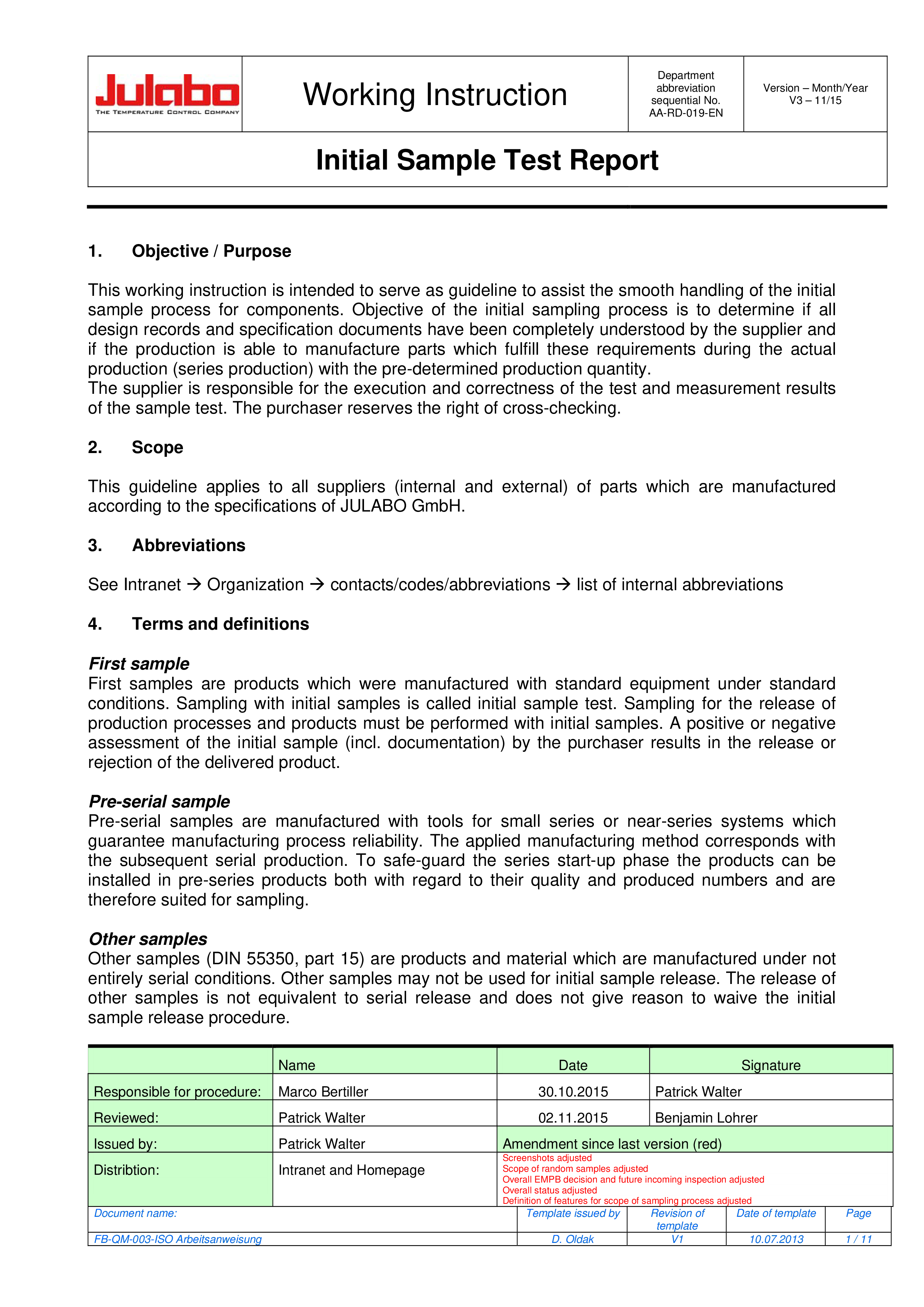 guidelines initial sample process for components modèles