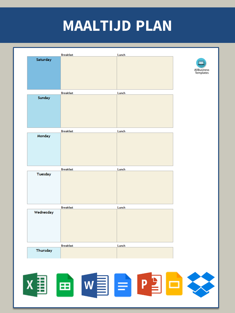 maaltijd plan template voorbeeld afbeelding 