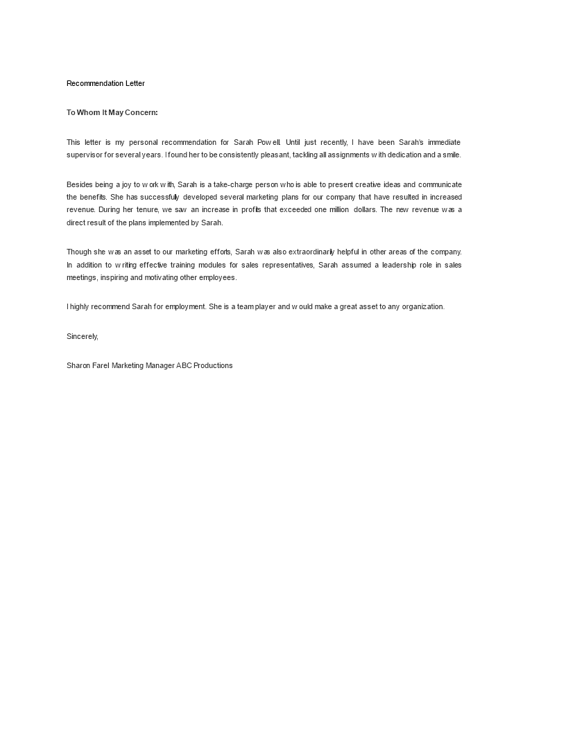 sample letter of recommendation for employee plantilla imagen principal
