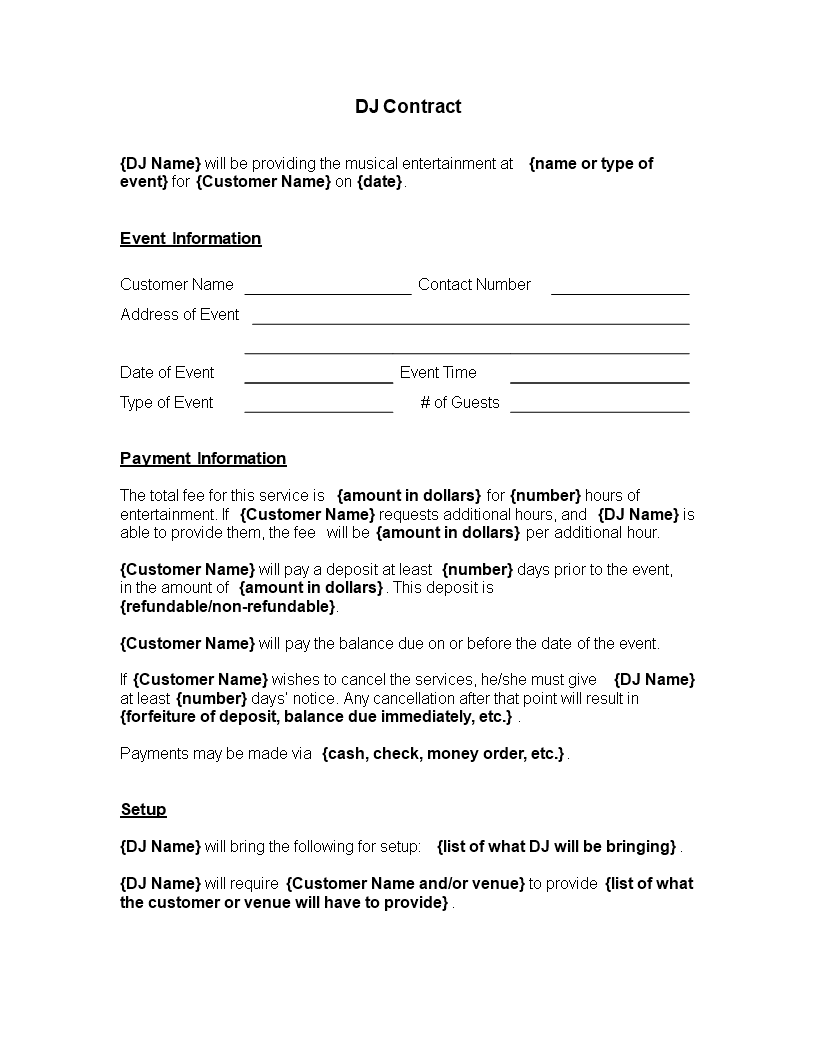 printable dj contract template template