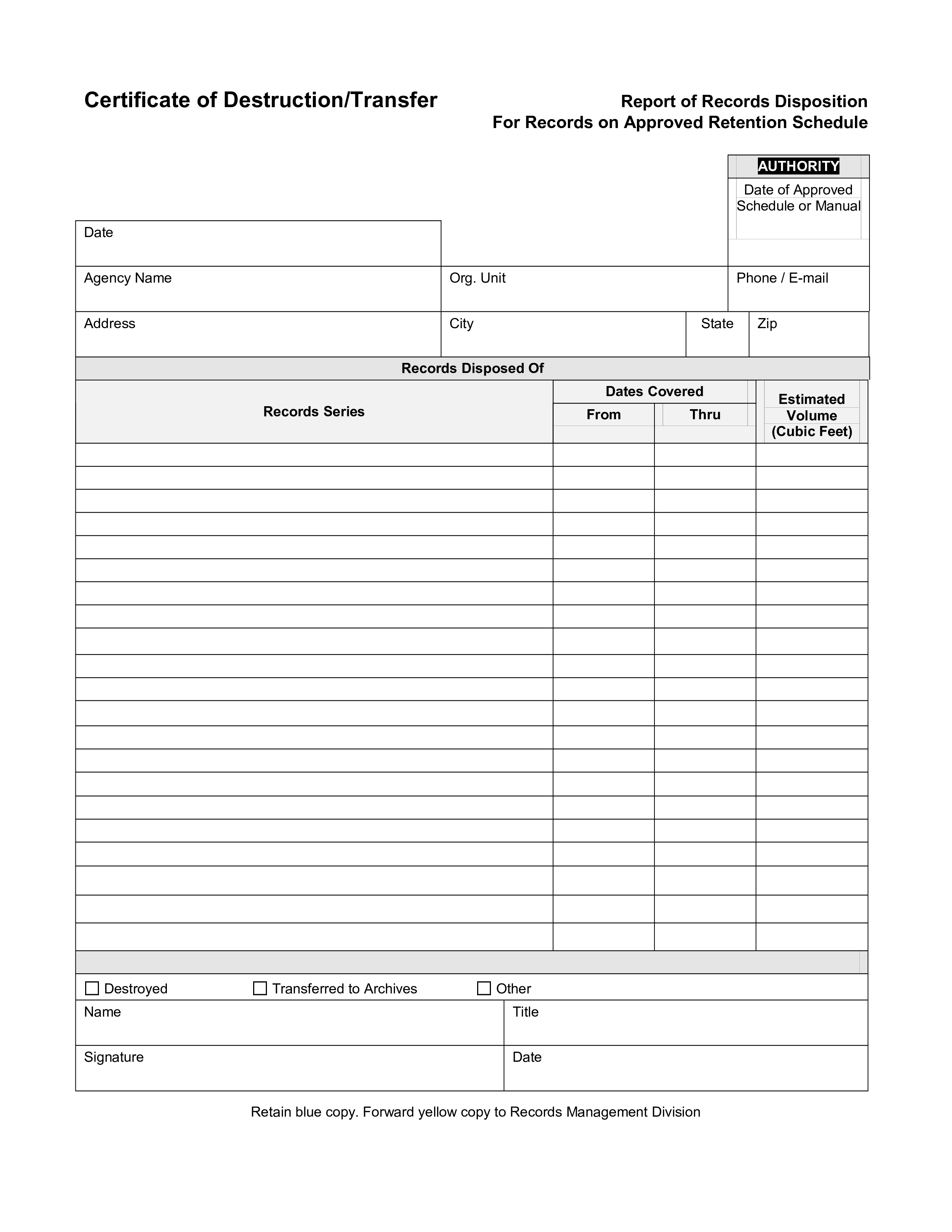 Blank Certificate Of Destruction main image