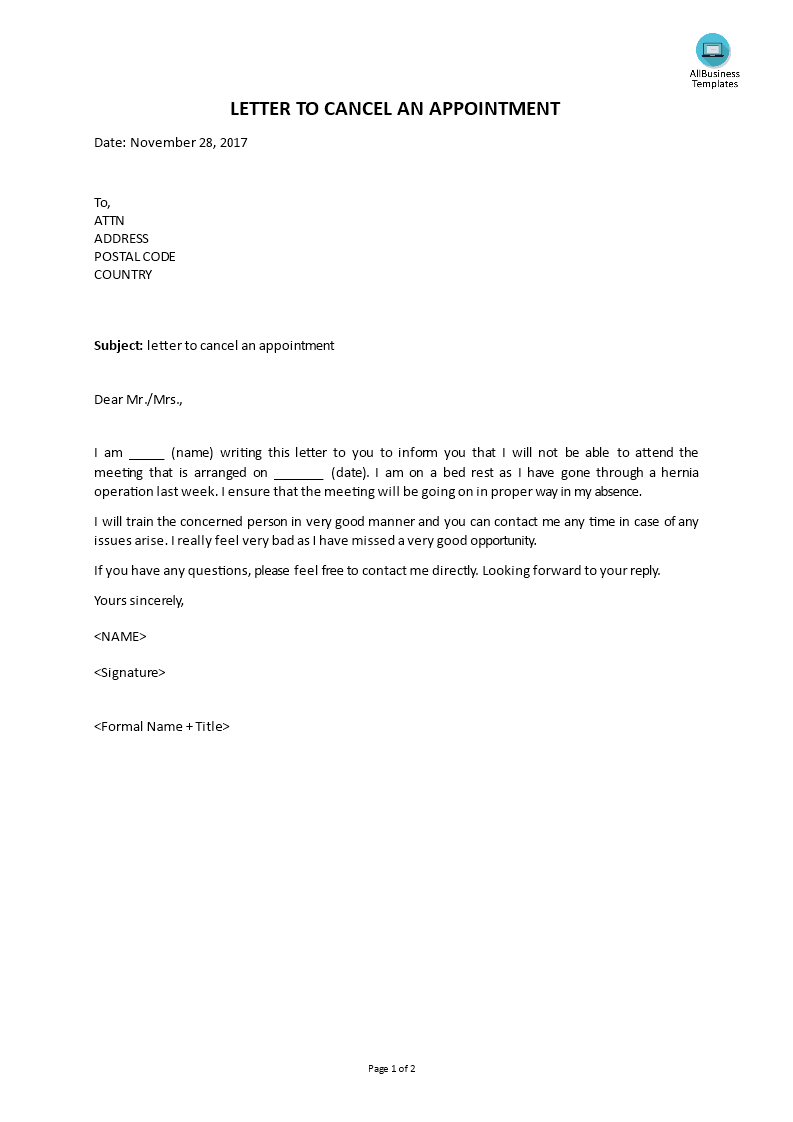 letter to cancel the appointment template