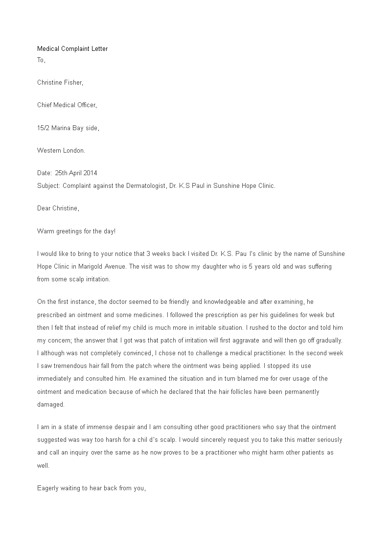 formal medical complaint letter template