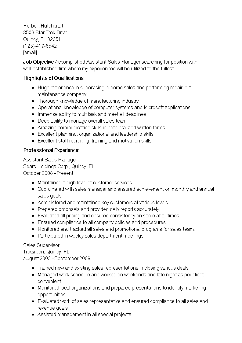 sales manager assistant resume modèles