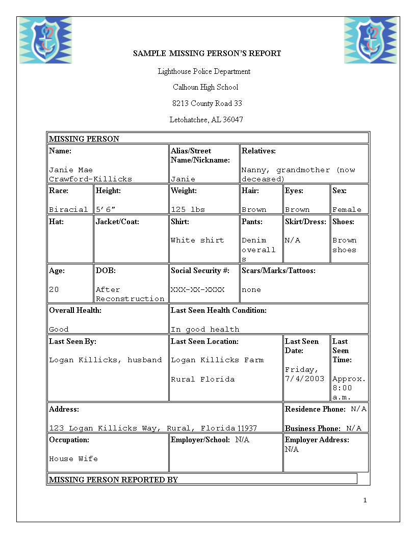 Missing Persons Report Template