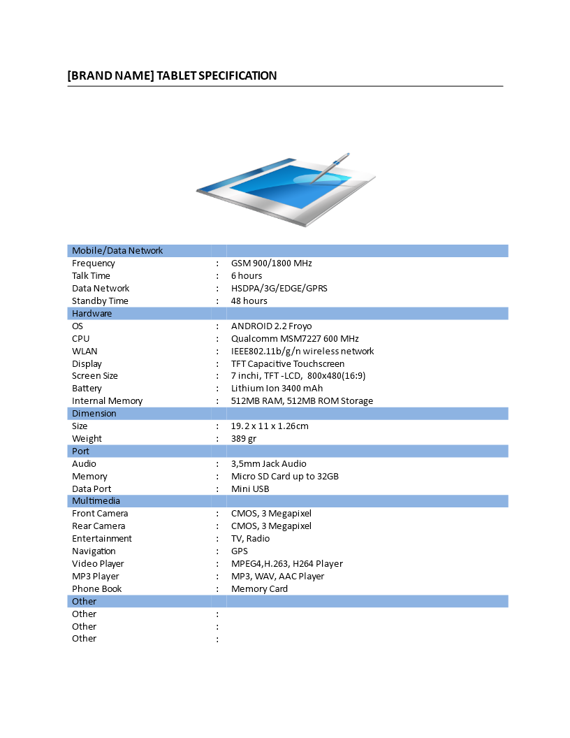 Tablet Specification main image