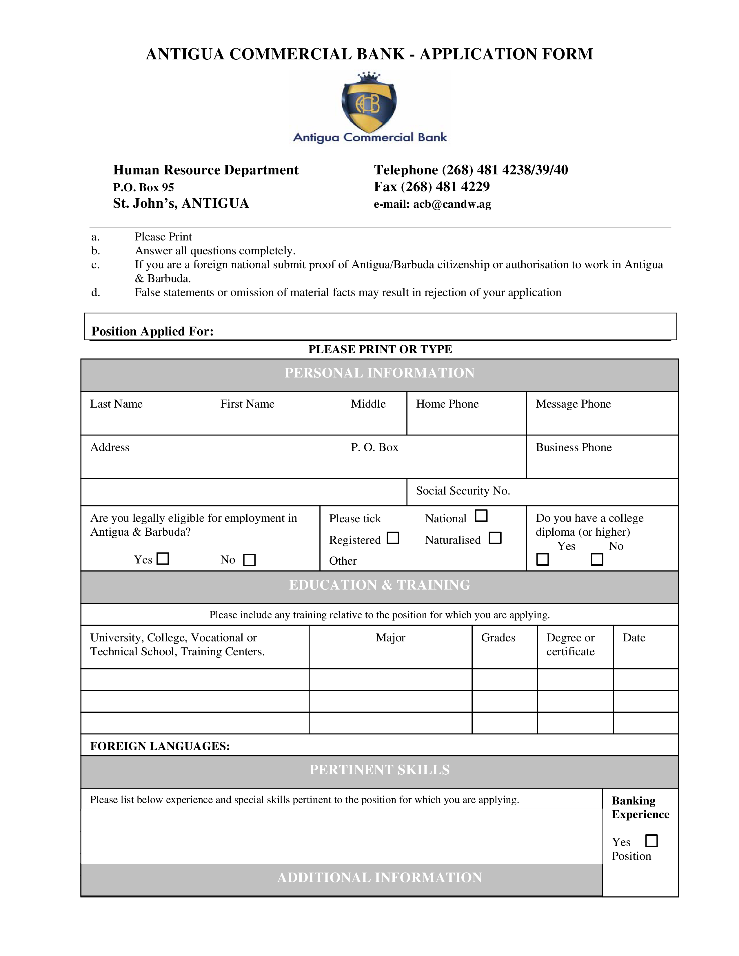 Commercial Bank Job Application Form main image