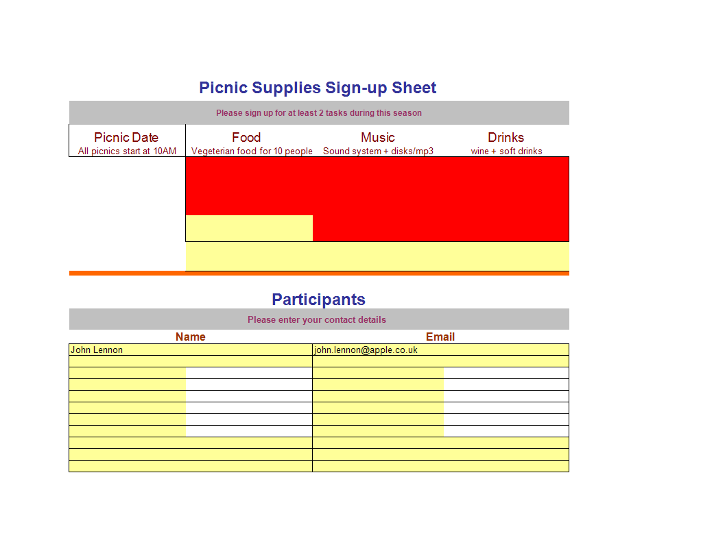 Sign-up Sheet worksheet template 模板