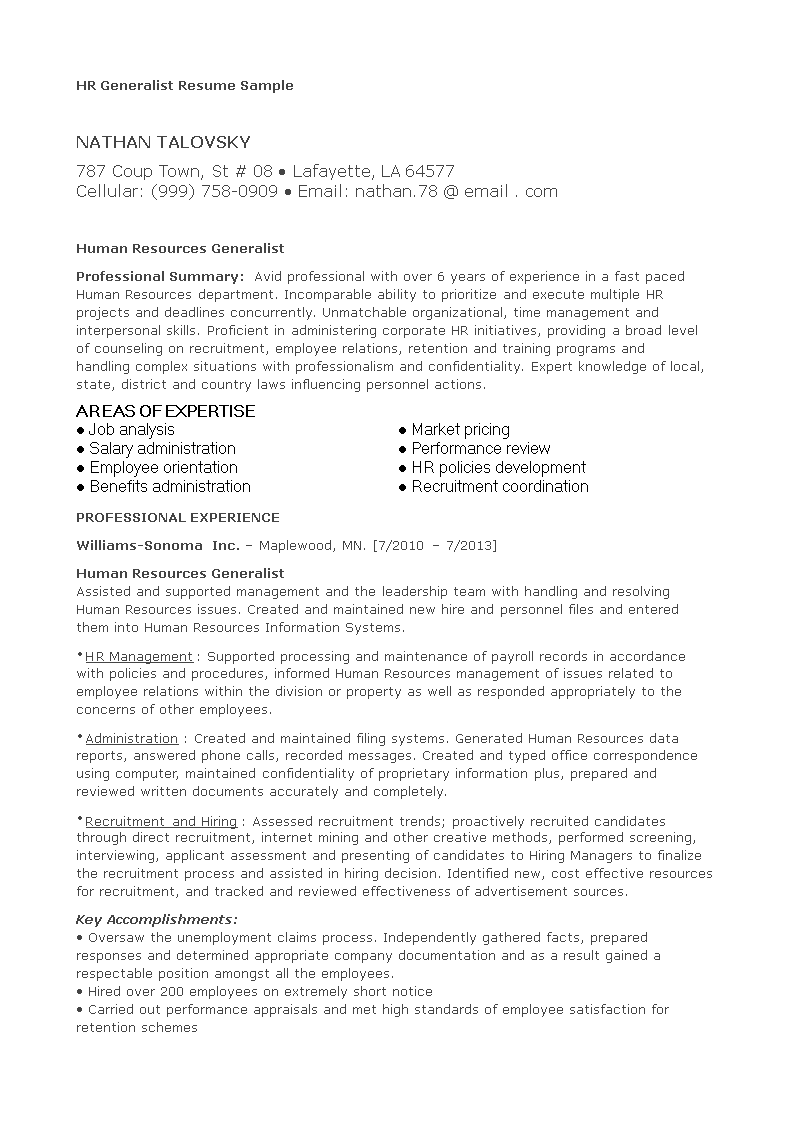 sample resume for hr generalist profile