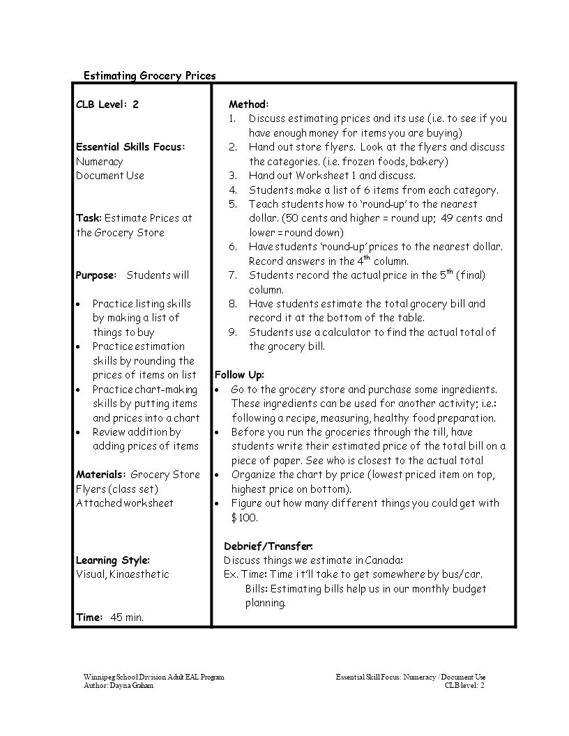 grocery price chart template modèles