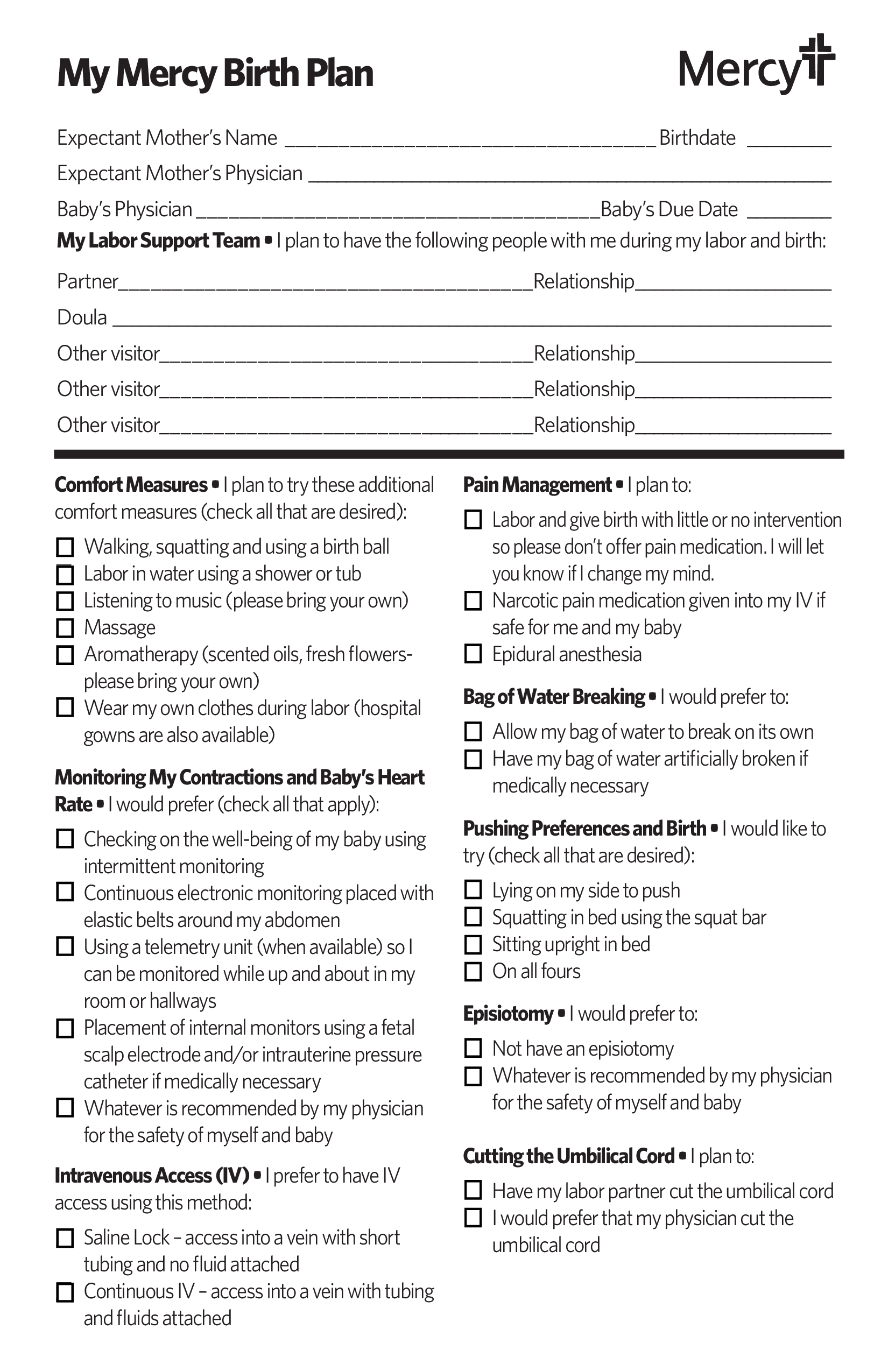 mercy birth plan template