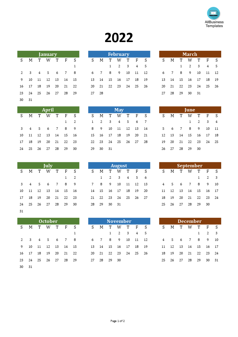 Excel 2022 Calendar Template Calendar Template 2022 | Templates At Allbusinesstemplates.com