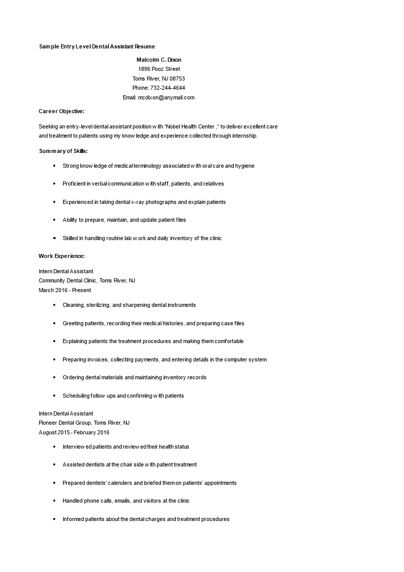 Entry Level Dental Assistant Resume main image