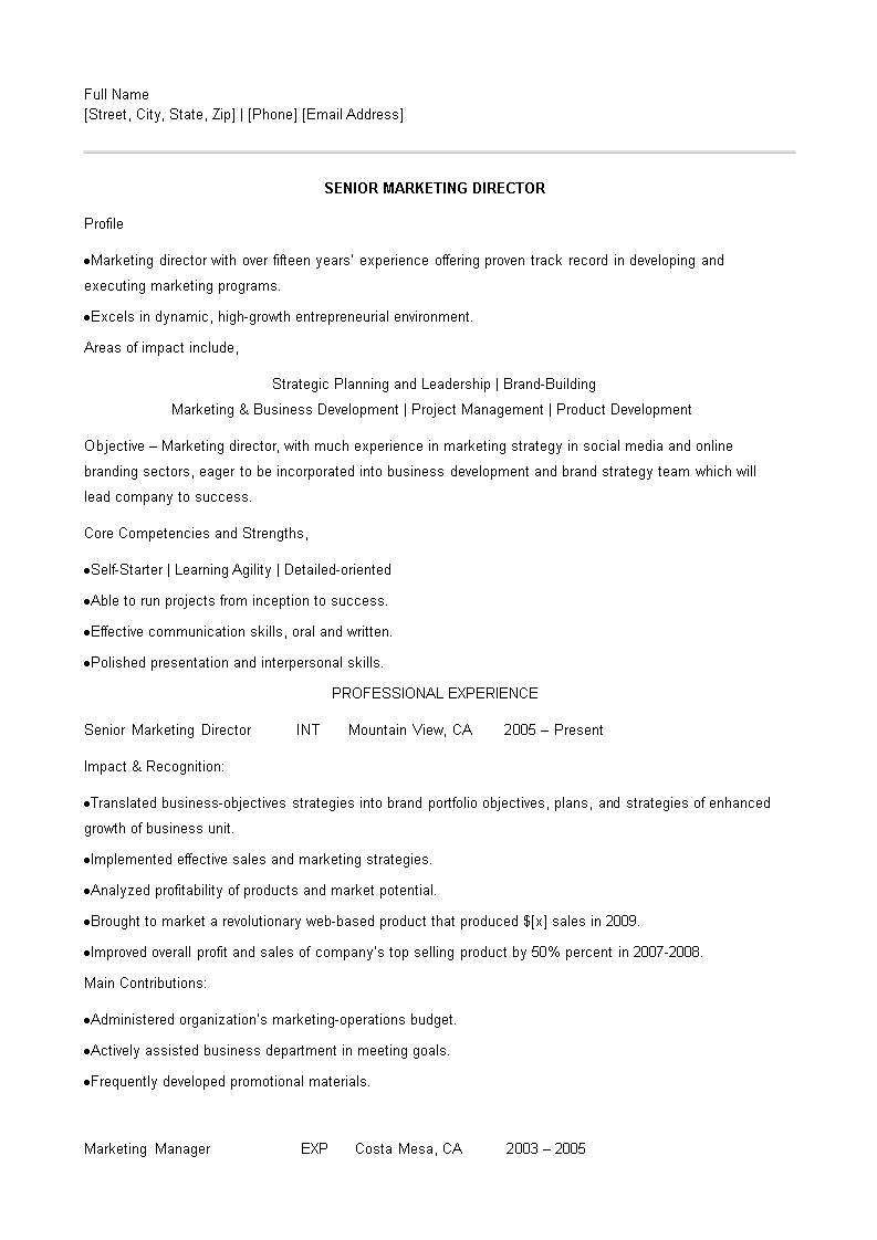 executive marketing director resume sample modèles