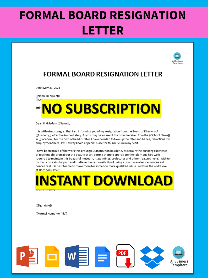 formal board resignation letter modèles