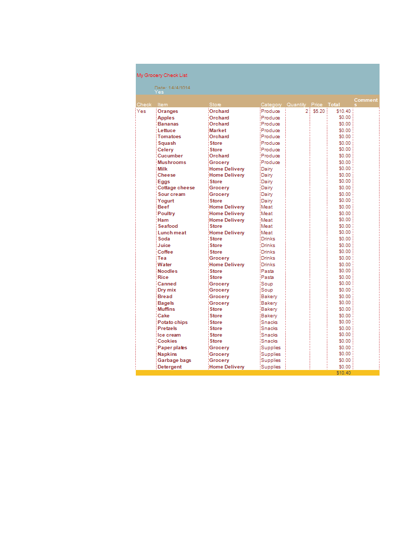 grocery list xlsx template voorbeeld afbeelding 