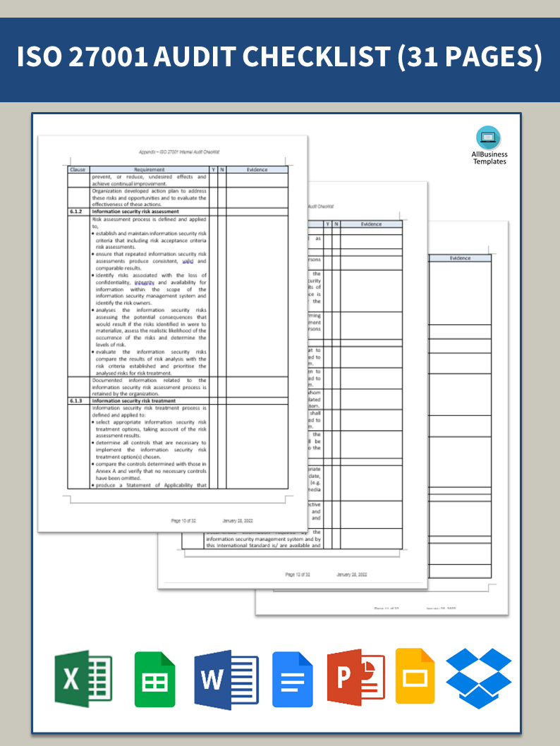 iso27001 internal audit checklist modèles