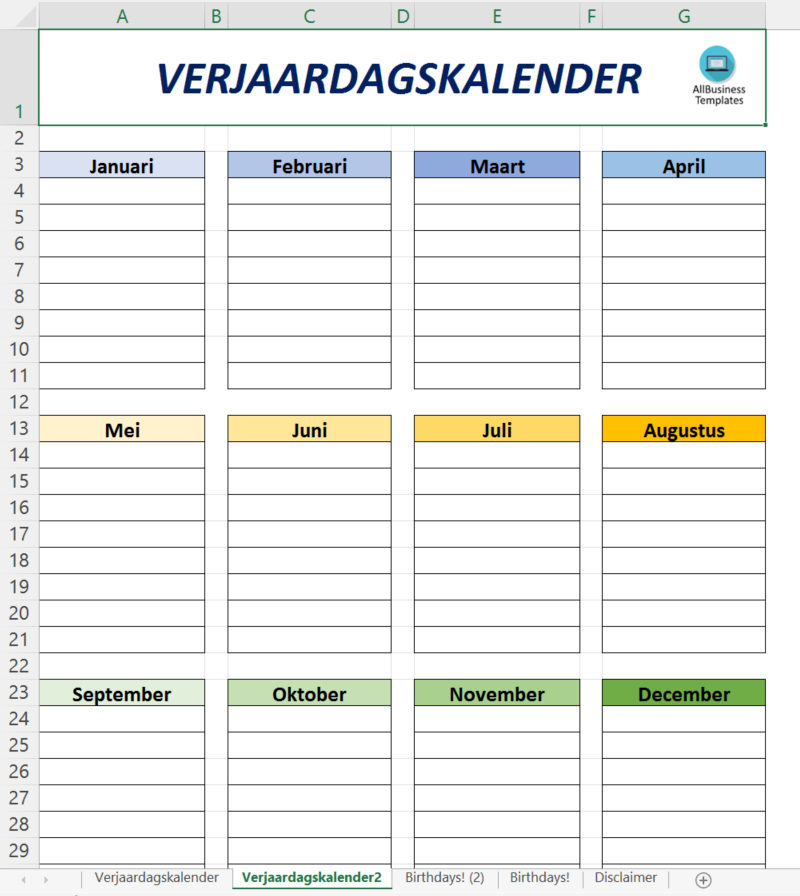 Kostenloses Verjaardag Jubileum Kalender Template
