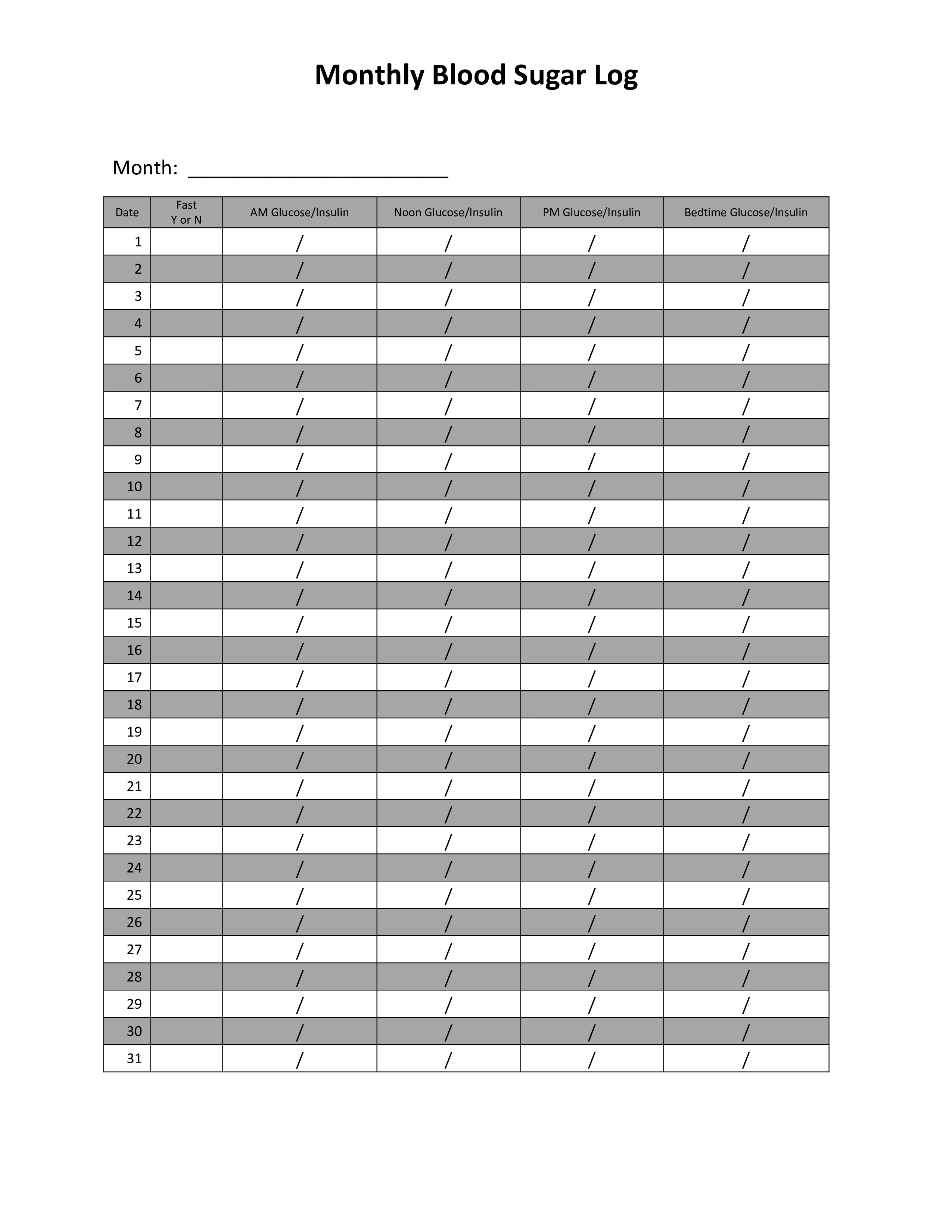 monthly blood sugar log modèles