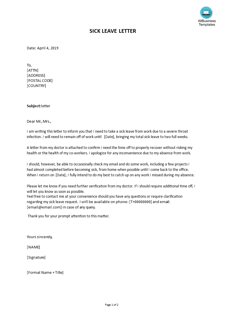 sick leave letter template