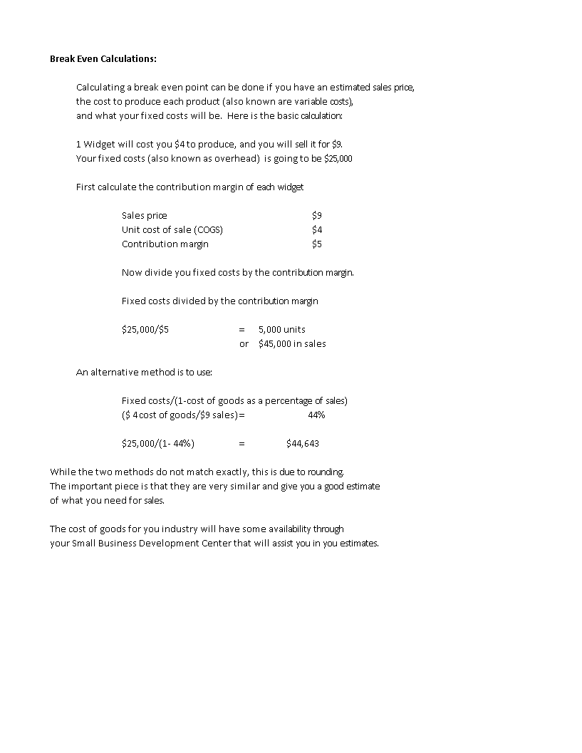 break-even analysis excel example modèles