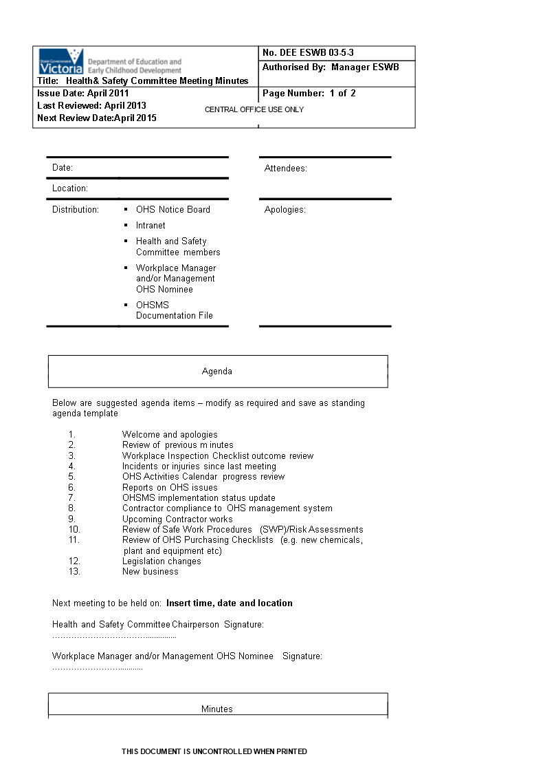 Committee Meeting Minutes Format 模板