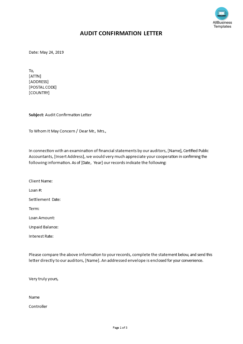 financial audit confirmation letter template