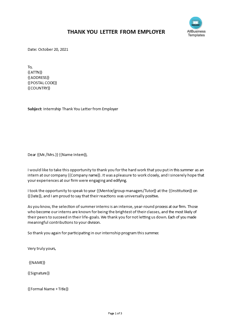 Sample Internship Thank You Letter From Employer  Templates at