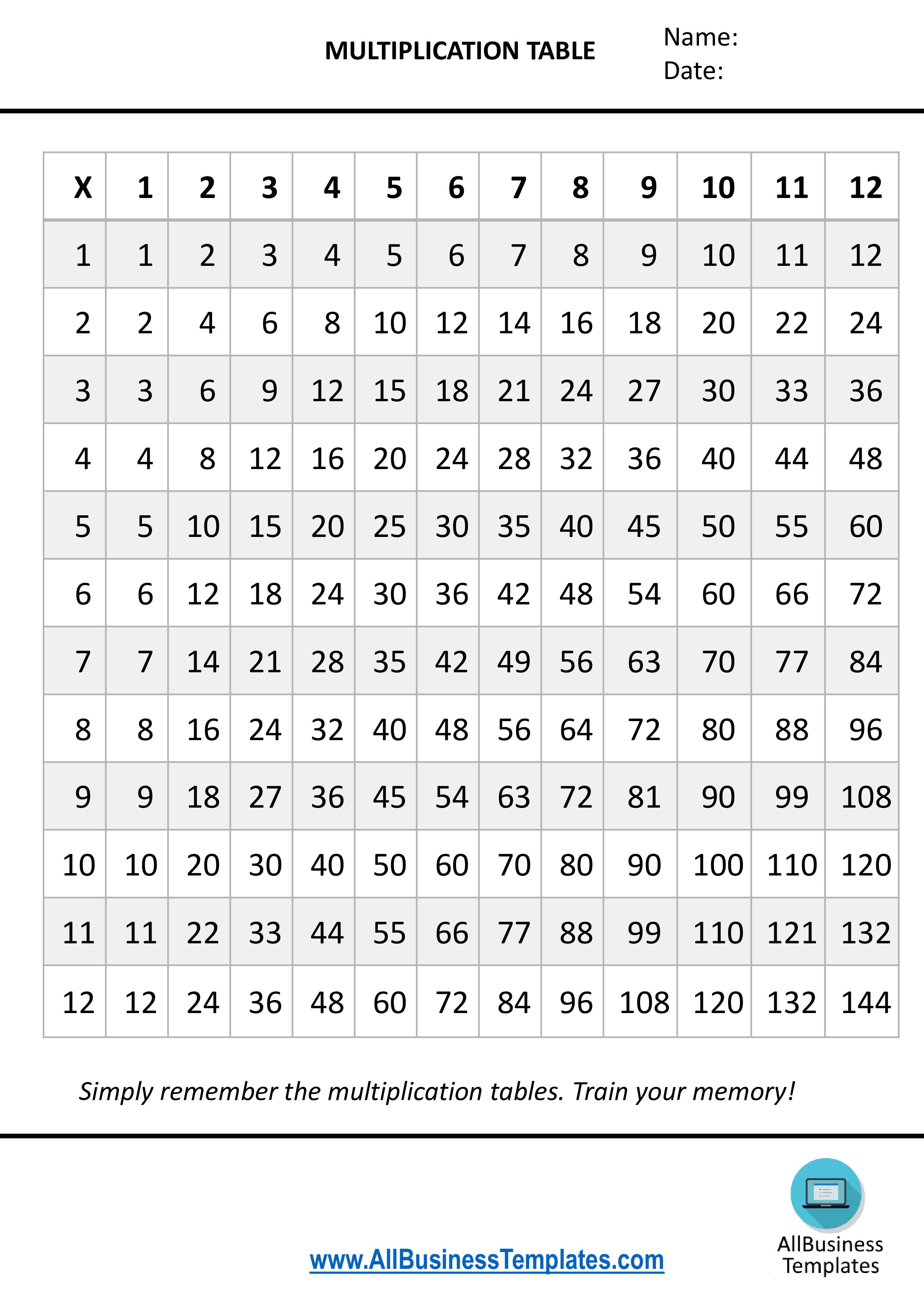 Multiplication Table 1 to 12X 模板