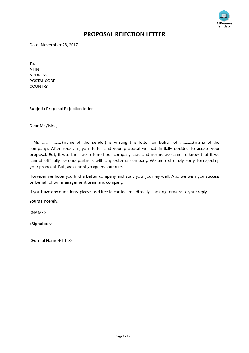 proposal rejection letter sample template