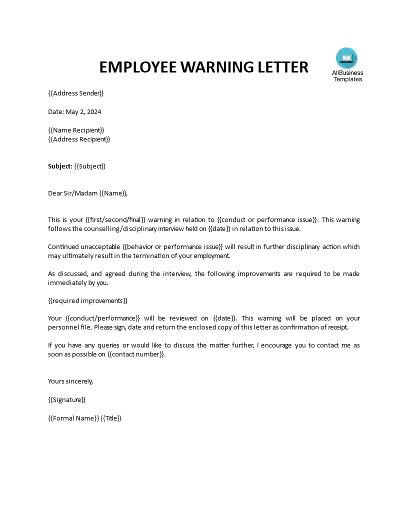 employment warning letter sample voorbeeld afbeelding 