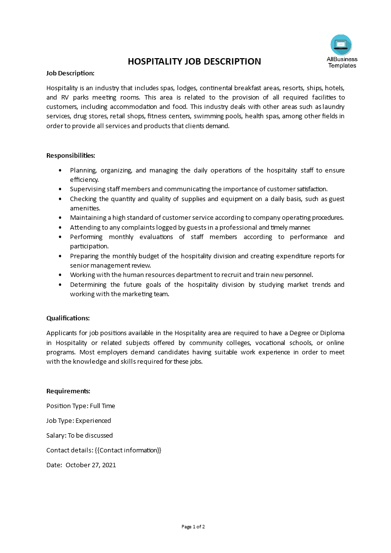 hospitality job description template