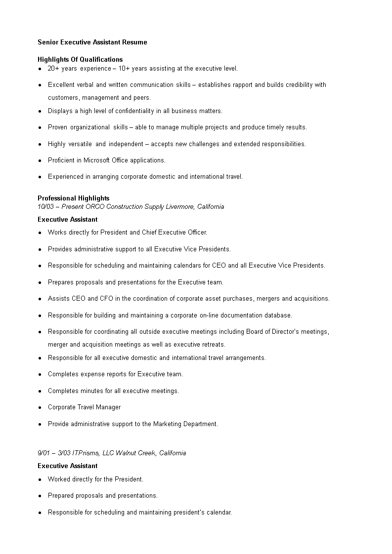 senior executive assistant resume template