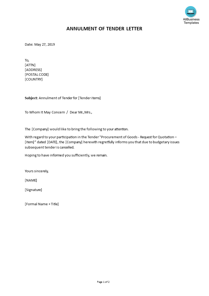 cancellation tender letter template