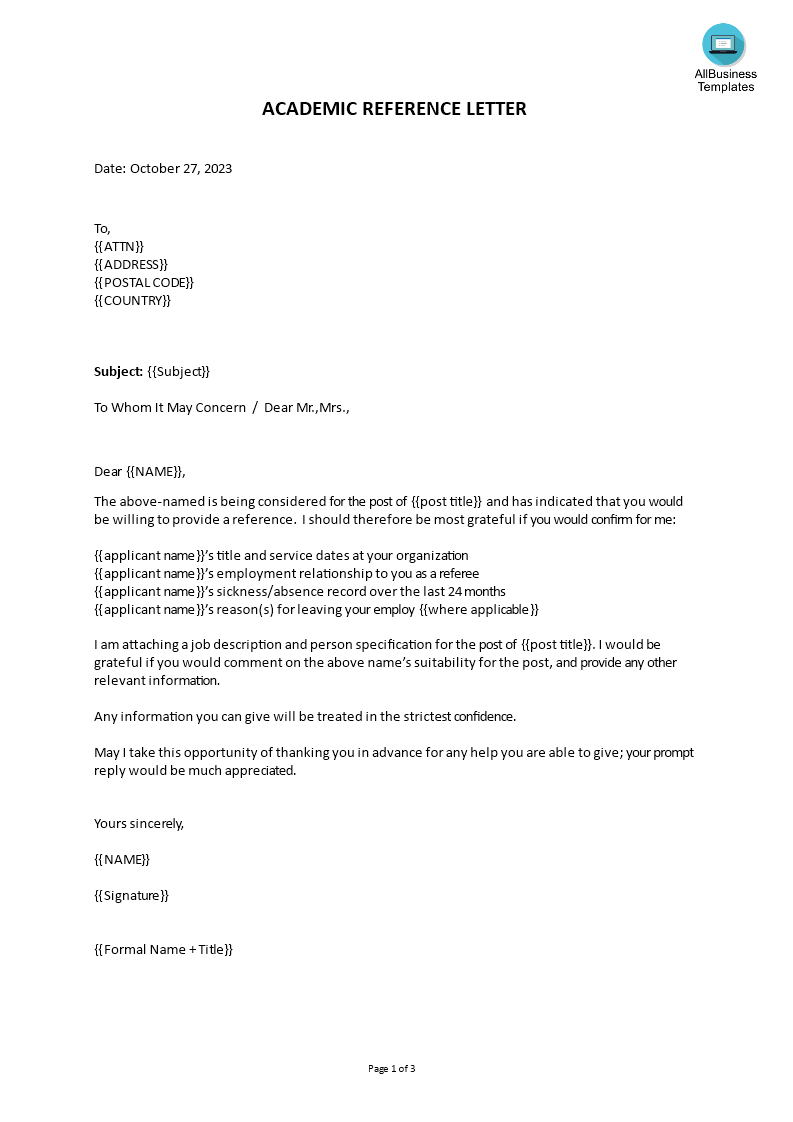 academic reference letter template