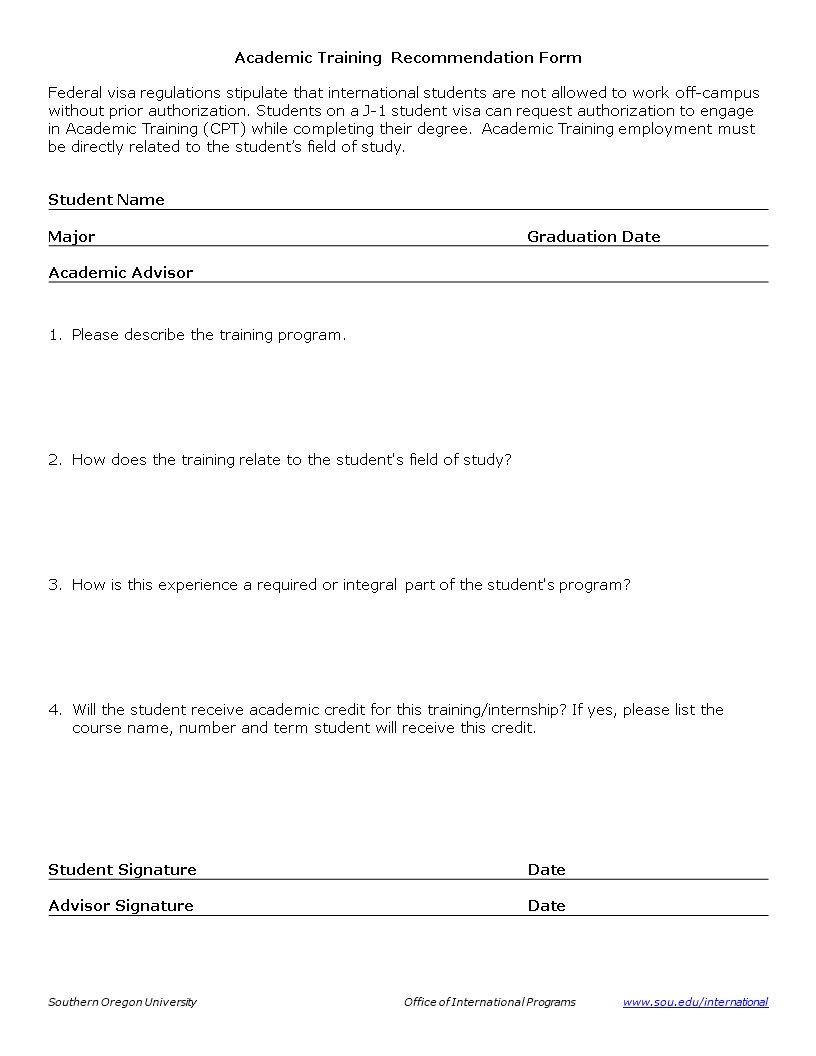 academic training recommendation form template