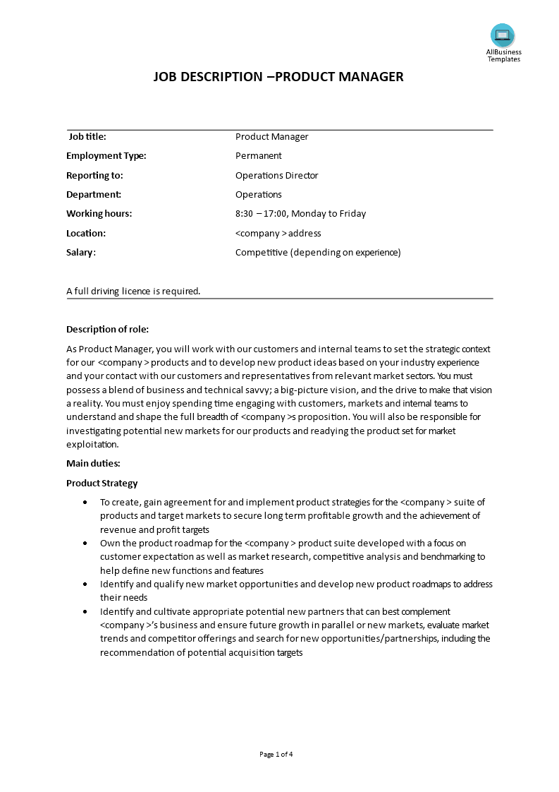 product manager job description template